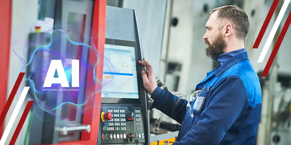 A factory worker interacts with a machine's control panel; the panel displays data and the letters "AI" overlaid with a graphic for "Artificial Intelligence".